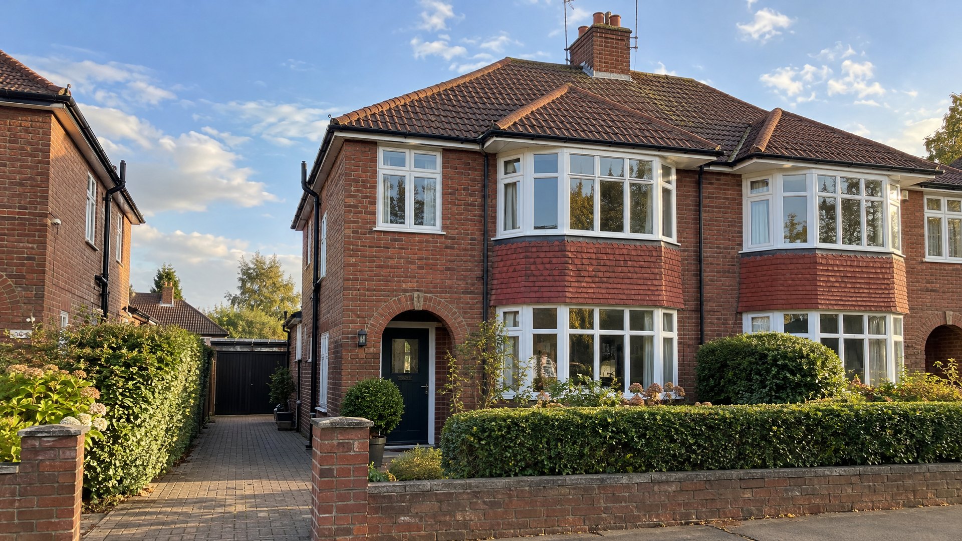 Red brick semi-detached house with a tiled roof in Northern Ireland